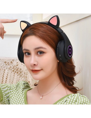 B39 Over Ear Music Headset Cat Ear Glowing Headphone Foldable Wireless BT5.0 Earphone Hands-free with Mic AUX IN TF Card MP3 Player for PC Laptop Computer Mobile Phone