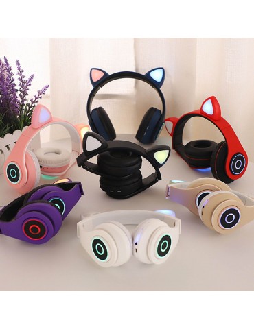 B39 Over Ear Music Headset Cat Ear Glowing Headphone Foldable Wireless BT5.0 Earphone Hands-free with Mic AUX IN TF Card MP3 Player for PC Laptop Computer Mobile Phone