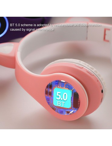 B39 Over Ear Music Headset Cat Ear Glowing Headphone Foldable Wireless BT5.0 Earphone Hands-free with Mic AUX IN TF Card MP3 Player for PC Laptop Computer Mobile Phone