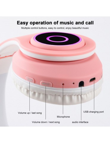 B39 Over Ear Music Headset Cat Ear Glowing Headphone Foldable Wireless BT5.0 Earphone Hands-free with Mic AUX IN TF Card MP3 Player for PC Laptop Computer Mobile Phone