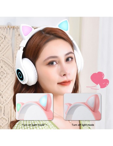 B39 Over Ear Music Headset Cat Ear Glowing Headphone Foldable Wireless BT5.0 Earphone Hands-free with Mic AUX IN TF Card MP3 Player for PC Laptop Computer Mobile Phone