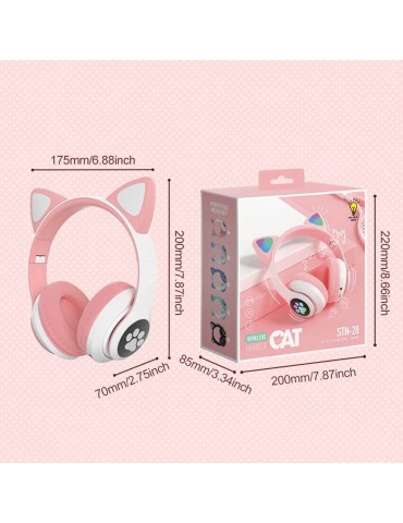 STN-28 Over Ear Music Headset Glowing Cat Ear Headphones Foldable Wireless BT5.0 Earphone with Mic AUX IN TF Card MP3 Player Colorful LED Lights for PC Laptop Computer Mobile Phone