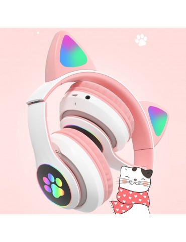 STN-28 Over Ear Music Headset Glowing Cat Ear Headphones Foldable Wireless BT5.0 Earphone with Mic AUX IN TF Card MP3 Player Colorful LED Lights for PC Laptop Computer Mobile Phone