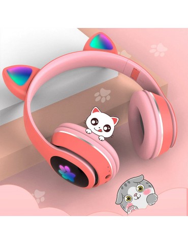 L400 Over Ear Music Headset Glowing Cat Ear Headphones 7 Color Breathing Lights Foldable Wireless BT5.0 Earphone with Mic AUX IN TF Card MP3 Player for PC Laptop Computer Mobile Phone