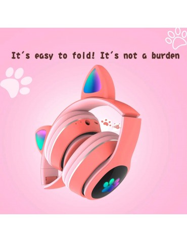 L400 Over Ear Music Headset Glowing Cat Ear Headphones 7 Color Breathing Lights Foldable Wireless BT5.0 Earphone with Mic AUX IN TF Card MP3 Player for PC Laptop Computer Mobile Phone