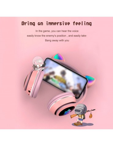 L400 Over Ear Music Headset Glowing Cat Ear Headphones 7 Color Breathing Lights Foldable Wireless BT5.0 Earphone with Mic AUX IN TF Card MP3 Player for PC Laptop Computer Mobile Phone