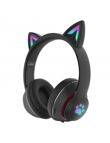 L550 Over Ear Music Headset Glowing Cat Ear Headphones 7 Color Breathing Lights Foldable Wireless BT5.0 Earphone with Mic AUX IN TF Card MP3 Player for PC Laptop Computer Mobile Phone