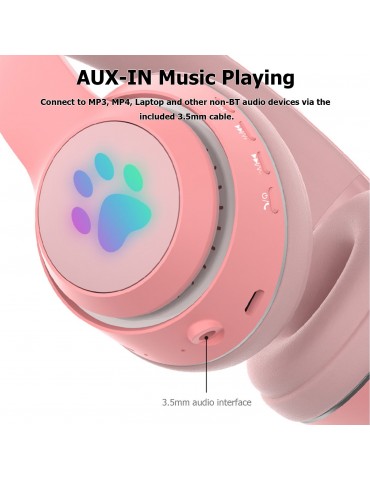 L550 Over Ear Music Headset Glowing Cat Ear Headphones 7 Color Breathing Lights Foldable Wireless BT5.0 Earphone with Mic AUX IN TF Card MP3 Player for PC Laptop Computer Mobile Phone