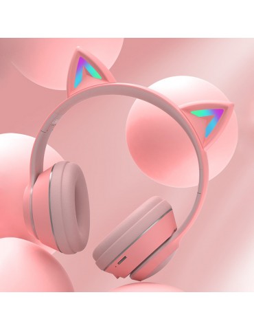 L550 Over Ear Music Headset Glowing Cat Ear Headphones 7 Color Breathing Lights Foldable Wireless BT5.0 Earphone with Mic AUX IN TF Card MP3 Player for PC Laptop Computer Mobile Phone