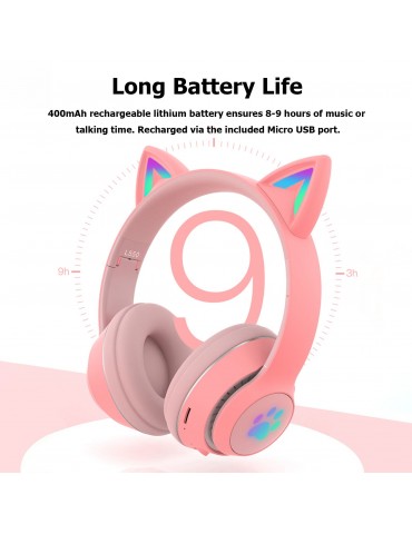 L550 Over Ear Music Headset Glowing Cat Ear Headphones 7 Color Breathing Lights Foldable Wireless BT5.0 Earphone with Mic AUX IN TF Card MP3 Player for PC Laptop Computer Mobile Phone