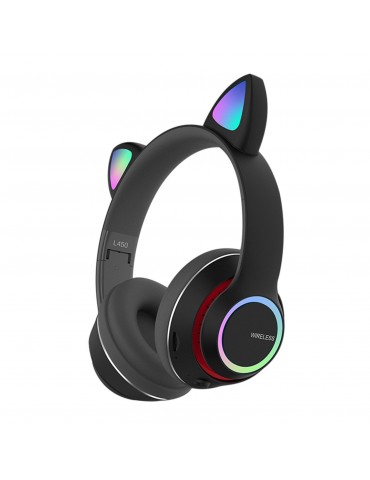 L450 Over Ear Music Headset Glowing Cat Ear Headphones 7 Color Breathing Lights Foldable Wireless BT5.0 Earphone with Mic AUX IN TF Card MP3 Player for PC Laptop Computer Mobile Phone