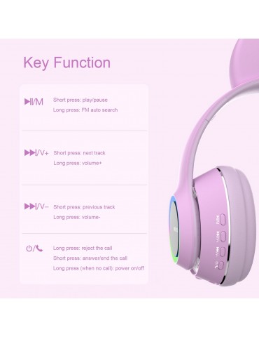 L450 Over Ear Music Headset Glowing Cat Ear Headphones 7 Color Breathing Lights Foldable Wireless BT5.0 Earphone with Mic AUX IN TF Card MP3 Player for PC Laptop Computer Mobile Phone