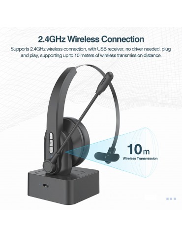 2.4GHz Wireless Headphones Call Center Earphone On Ear Headset with ENC Noise Reduction Microphone Adjustable Headband Volume Control with Charging Dock