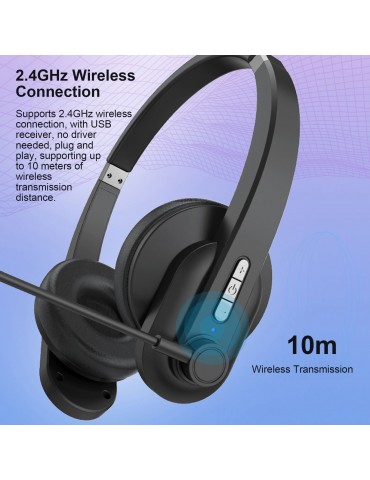 2.4GHz Wireless Headphones Call Center Earphone On Ear Headset with ENC Noise Reduction Microphone Adjustable Headband Volume Control