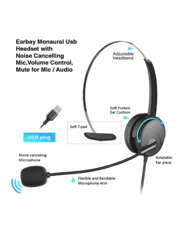 OY131 Single Ear Headset USB Headphones Head-mounted Computer Headphone for Right/Left Ear Call Center Headsets with in-Cord Volume Control