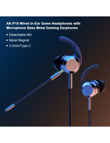 AK-P10 3.5mm In-Ear Gamer Headphones Dual Microphone Bass Metal Wired Gaming Earphones with Mic In-Ear Headset