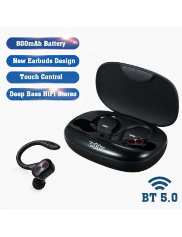 True Wireless Stereo BT 5.0 Earphones Chargeable Stereo Sound Earbuds Waterproof Touch-control Headset Compatible with Android/iOS/PC Tablet Black