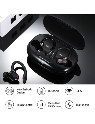 True Wireless Stereo BT 5.0 Earphones Chargeable Stereo Sound Earbuds Waterproof Touch-control Headset Compatible with Android/iOS/PC Tablet Black