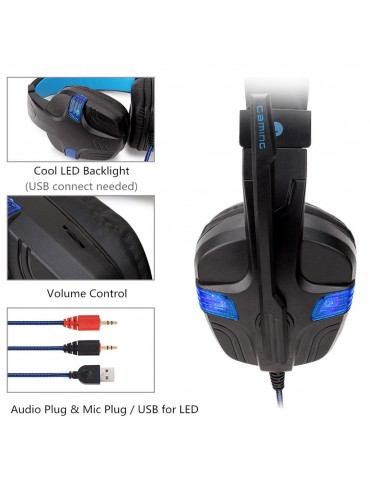 SY860MV Gaming Headset 3.5mm Wired Over Ear Headphones Noise Canceling Earphone with Mic LED Light Volume Control AUX+USB for Desktop PC