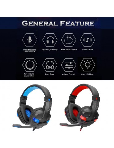 SY860MV Gaming Headset 3.5mm Wired Over Ear Headphones Noise Canceling Earphone with Mic LED Light Volume Control AUX+USB for Desktop PC