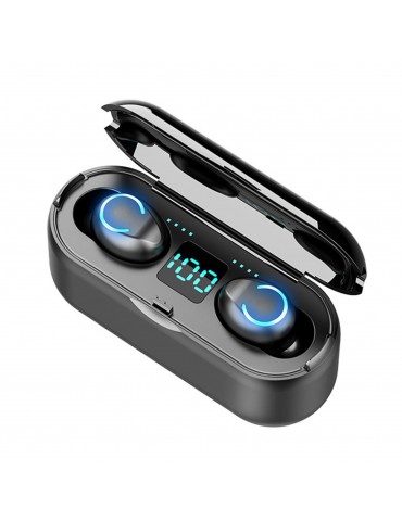 F9 BT5.0 Wireless Headphones Cool Light Noise Reduction Touch Control IPX7 Waterproof 1200mAh Charge Box Power Display Phone Holder (Black)