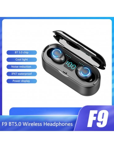 F9 BT5.0 Wireless Headphones Cool Light Noise Reduction Touch Control IPX7 Waterproof 1200mAh Charge Box Power Display Phone Holder (Black)