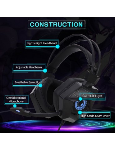 G15MV Wired Headset RGB Light On Ear Headphones with 3.5mm Audio Jack & with Mic Volume Control Over Ear Noise Cancelling Gamer Headphones Gaming Earphone for Cellphones Laptop Computer Games Tablet